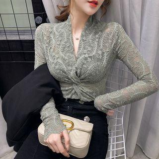 Long-sleeve Twist-front Lace Blouse