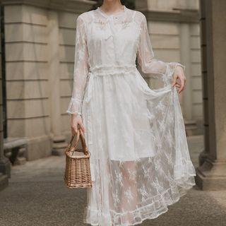 Set: Long-sleeve Embroidered Midi A-line Lace Dress + Slipdress