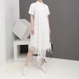 Short-sleeve Fringed Midi Shirt Dress