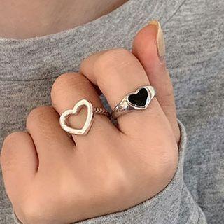 Set Of 2: Heart Ring Set Of 2 - Silver & Black - One Size