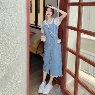 Short-sleeve Plain Hoodie + Denim Overall Dress