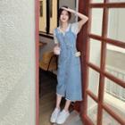 Short-sleeve Plain Hoodie + Denim Overall Dress