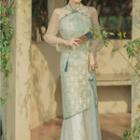 Flared-cuff Floral Embroidered Lace Qipao