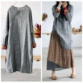 Linen Long-sleeve Long Top Dark Gray - One Size