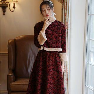 Long-sleeve Floral Print Cheongsam Top / Midi A-line Skirt