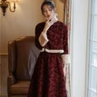 Long-sleeve Floral Print Cheongsam Top / Midi A-line Skirt