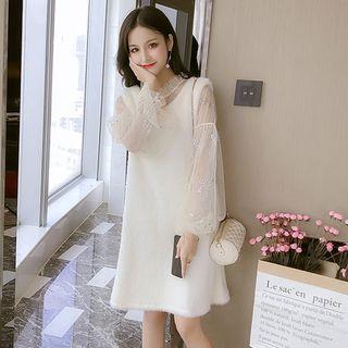 Set: Lantern-sleeve Mesh Top + Sleeveless Mini Dress