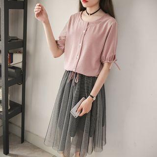 Set: Elbow-sleeve Top + Sheer Overlay Midi Skirt
