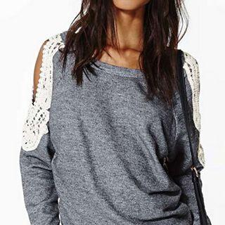 Lace Panel Cutout Shoulder Pullover
