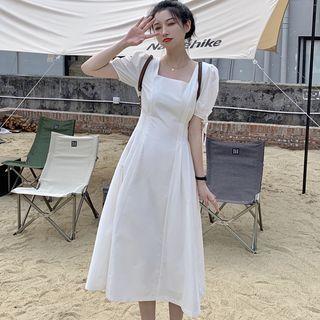 Puff-sleeve Square Neck Tie-strap Midi A-line Dress