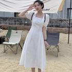 Puff-sleeve Square Neck Tie-strap Midi A-line Dress