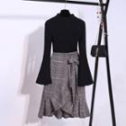 Mock-neck Flared-sleeve Knit Top / Ruffle Hem Plaid Midi A-line Skirt / Set