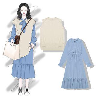 Long-sleeve Tie-neck Midi A-line Dress / Knit Vest