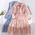 Set: Ribbon-neckline Satin A-line Dress + Knit Vest