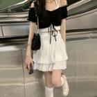 Strappy Cropped Camisole Top / Short-sleeve Off-shoulder Drawstring Crop Top / Mini A-line Skirt