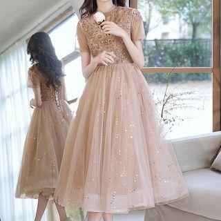 Short-sleeve Sequin Midi Cocktail Dress