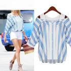 Cut Out Shoulder Striped 3/4 Sleeve Shirt