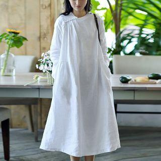 Long-sleeve Linen Blend Midi A-line Dress