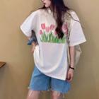 Elbow-sleeve Floral Print T-shirt T-shirt - White - One Size