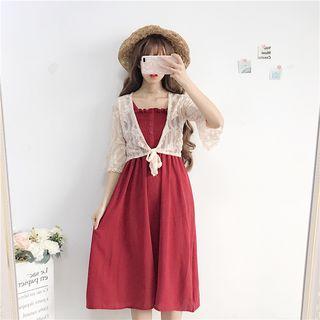 Spaghetti Strap Smocked Dress / Elbow-sleeve Crop Lace Jacket