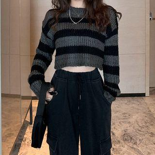Striped Crop Sweater / Drawstring-cuff Cargo Pants