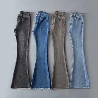 Mid Rise Distressed Trim Bell Bottom Jeans