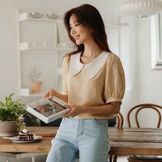 Puff-sleeve Contrast-collar Top