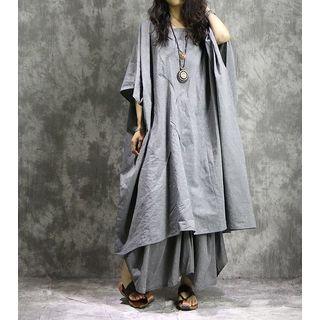 Elbow-sleeve Plain Midi Dress Gray - One Size
