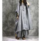 Elbow-sleeve Plain Midi Dress Gray - One Size