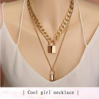 Lock Pendant Chain Layered Necklace 1 Pc - Nz870 - Lock Pendant Chain Layered Necklace - Gold - One Size