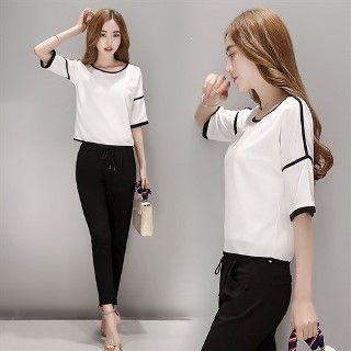 Set: Elbow-sleeve Contrast Trim Top + Pants