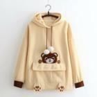 Bear Embroidered Ear-accent Hood Sweater Light Khaki - One Size