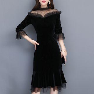 Long-sleeve Lace Panel Mermaid Sheath Dress