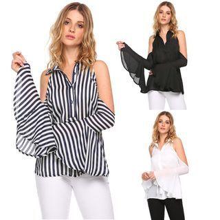 Cold-shoulder Long-sleeve Tie-waist Blouse