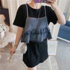 Set: Plain Short-sleeve T-shirt Dress + Ruffle Denim Camisole Top