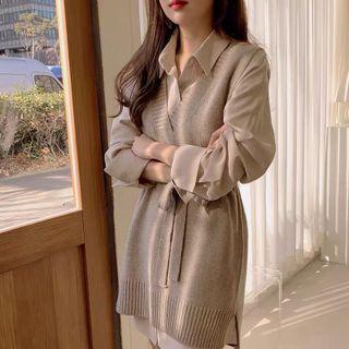 Long Sleeve Plain Shirt / V-neck Tie-waist Knit Vest