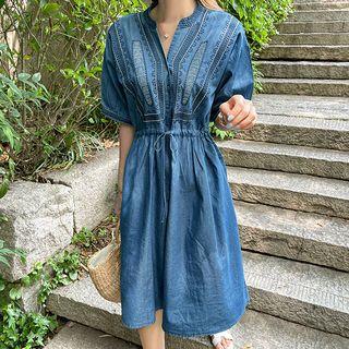 Open-placket Embroidered Denim Dress