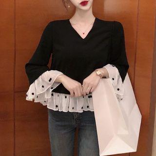 Long-sleeve Polka Dot Chiffon Paneled Top