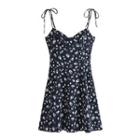 Spaghetti-strap V-neck Floral Ruched Mini A-line Dress