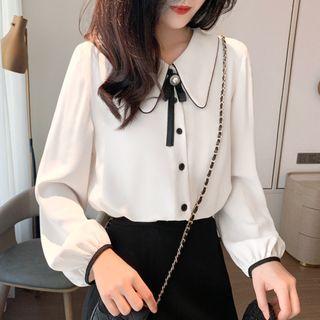 Long-sleeve Chiffon Blouse / Mini A-line Skirt