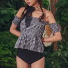 Set: Off-shoulder Short-sleeve Plaid Swim Top + High Waist Swim Bottom