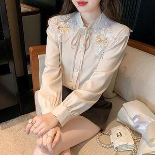 Long-sleeve Embroidered Collar Bow Blouse