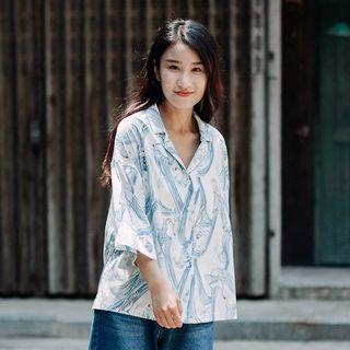 3/4-sleeve Crane Print Shirt White - One Size