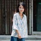 3/4-sleeve Crane Print Shirt White - One Size