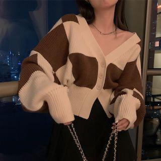 Long-sleeve Two-tone Plaid Cardigan