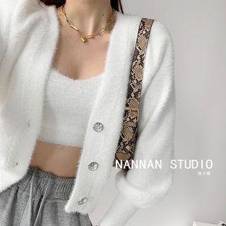 Furry-knit Cardigan / Deep V-neck Cropped Camisole