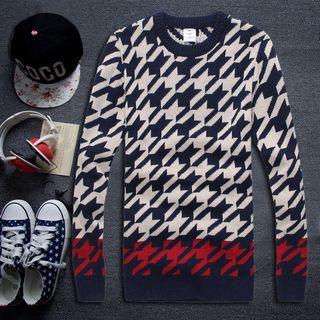 Houndstooth Long-sleeve Knit Sweater