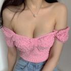 Cap-sleeve Off-shoulder Deep V-neck Ruched Crop T-shirt Pink - One Size