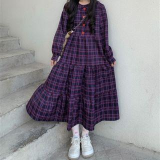 Plaid Long-sleeve Midi Shift Dress As Shown In Figure - One Size