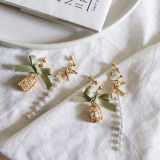 Bird Alloy Faux Pearl Asymmetrical Dangle Earring